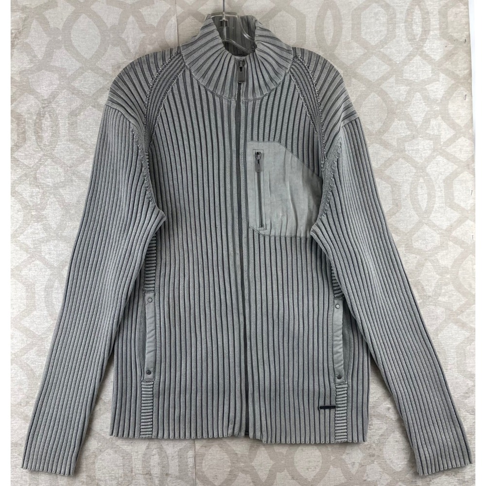 Calvin Klein Full Zip Cardigan Mens Large Grey Ribbed Knit Pocket Sweater